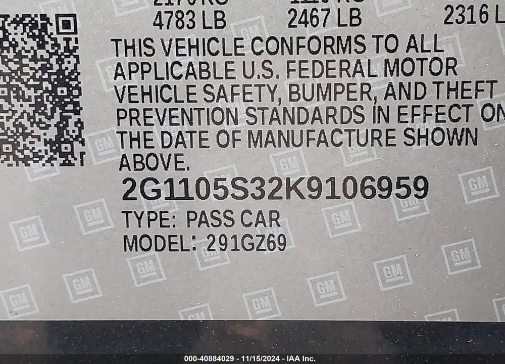 2019 CHEVROLET IMPALA PREMIER VIN: 2G1105S32K9106959
