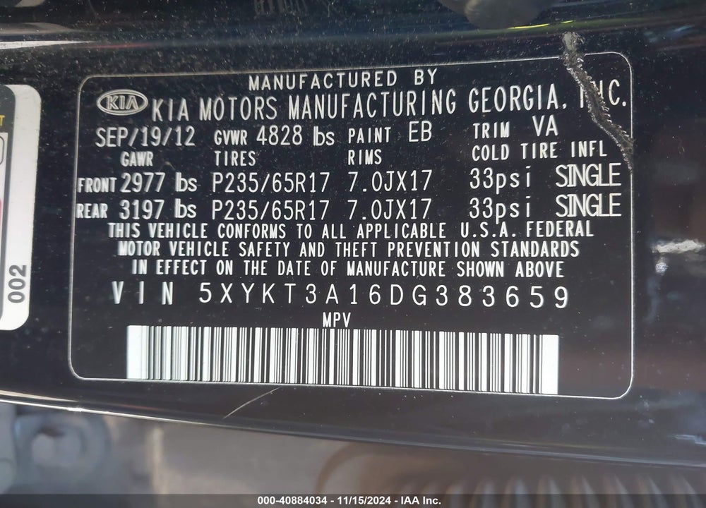 2013 KIA SORENTO LX VIN: 5XYKT3A16DG383659
