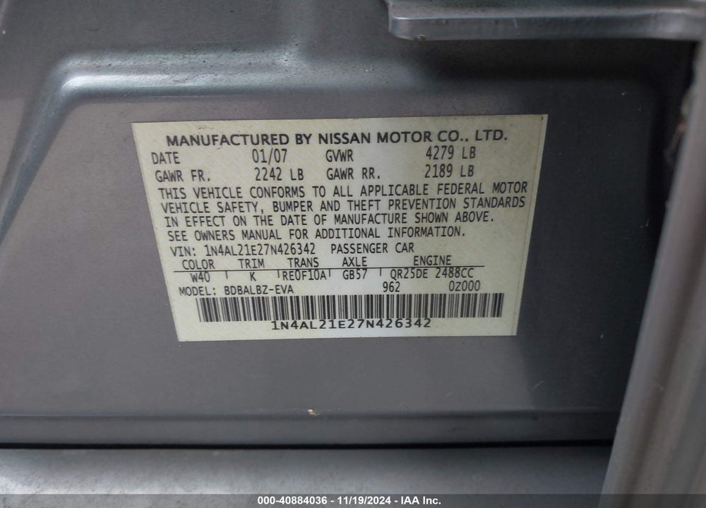 2007 NISSAN ALTIMA 2.5 S VIN: 1N4AL21E27N426342