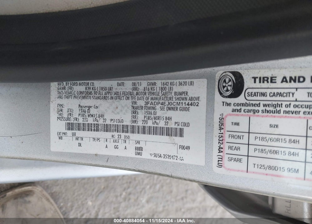 2012 FORD FIESTA SE VIN: 3FADP4EJ0CM114402