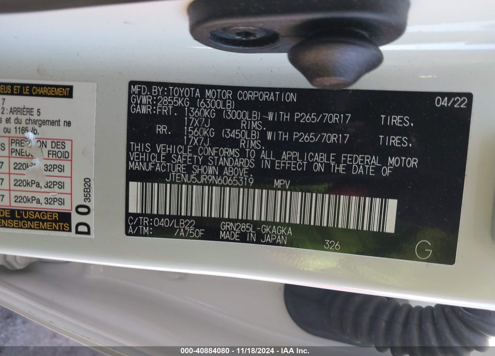 2022 TOYOTA 4RUNNER SR5 PREMIUM VIN: JTENU5JR9N6065319