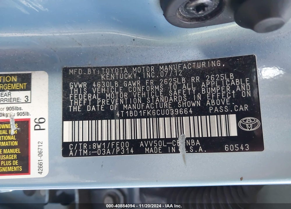 2012 TOYOTA CAMRY HYBRID LE VIN: 4T1BD1FK6CU039664