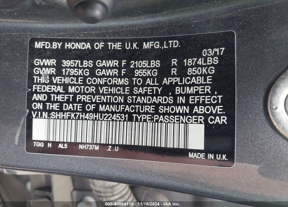 2017 HONDA CIVIC SPORT VIN: SHHFK7H49HU224531