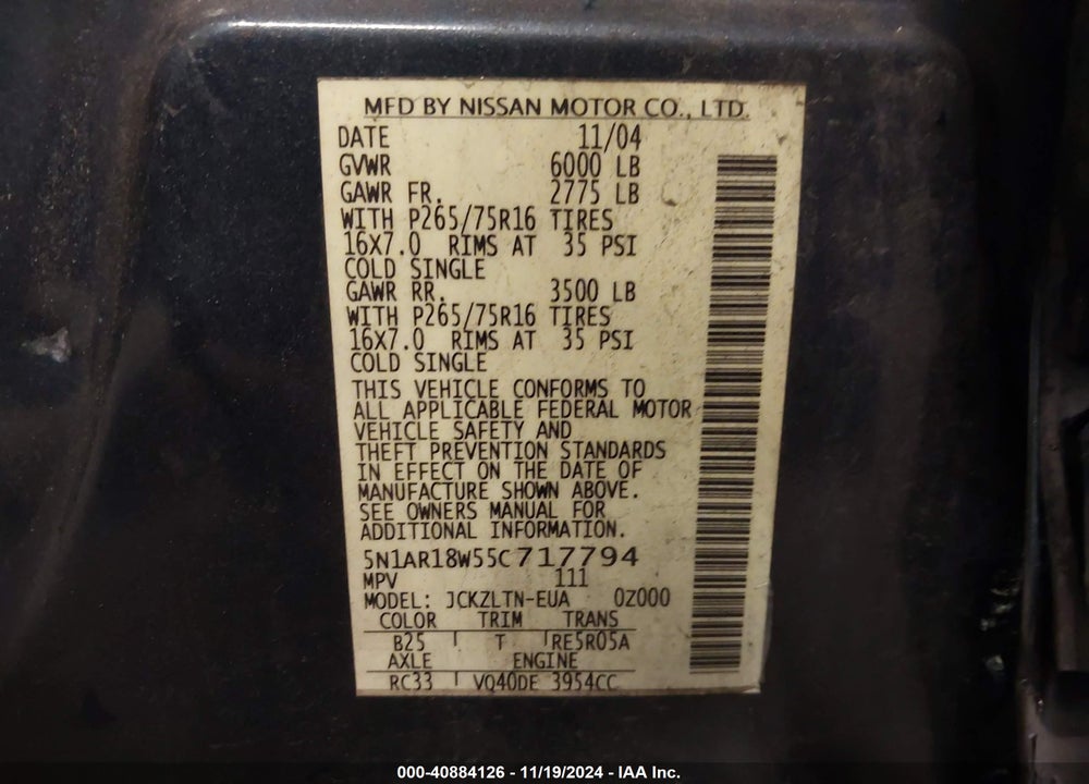 2005 NISSAN PATHFINDER SE OFF ROAD VIN: 5N1AR18W55C717794