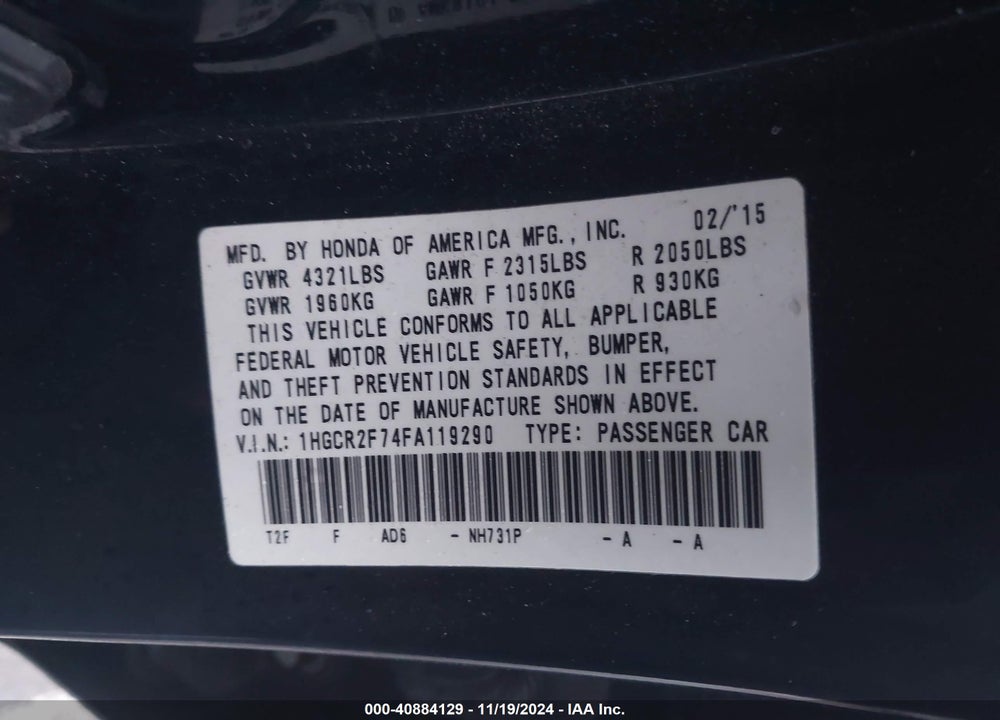 2015 HONDA ACCORD EX VIN: 1HGCR2F74FA119290