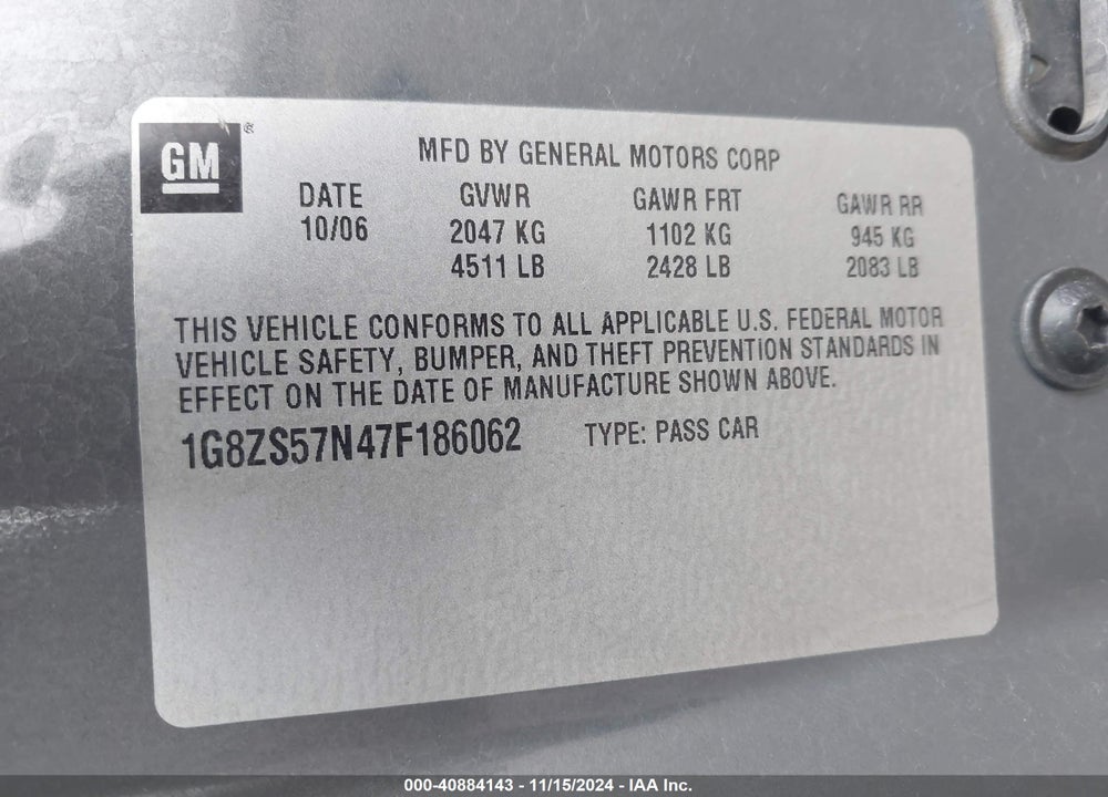 2007 SATURN AURA XE VIN: 1G8ZS57N47F186062