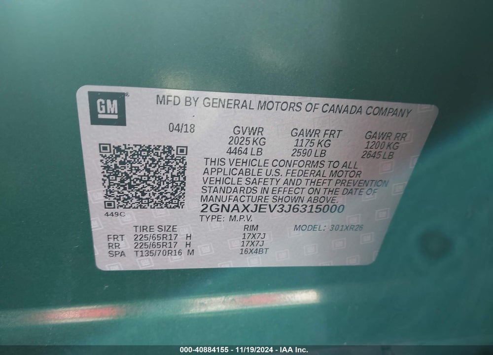 2018 CHEVROLET EQUINOX LT VIN: 2GNAXJEV3J6315000