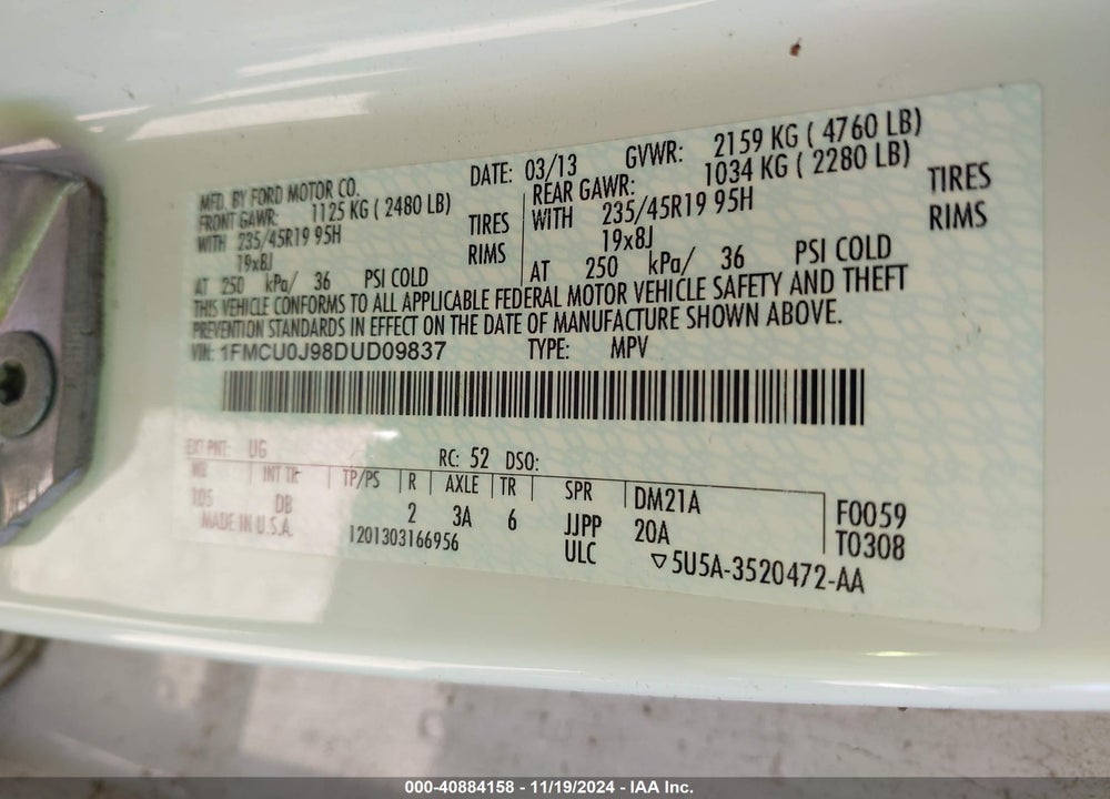 2013 FORD ESCAPE TITANIUM VIN: 1FMCU0J98DUD09837