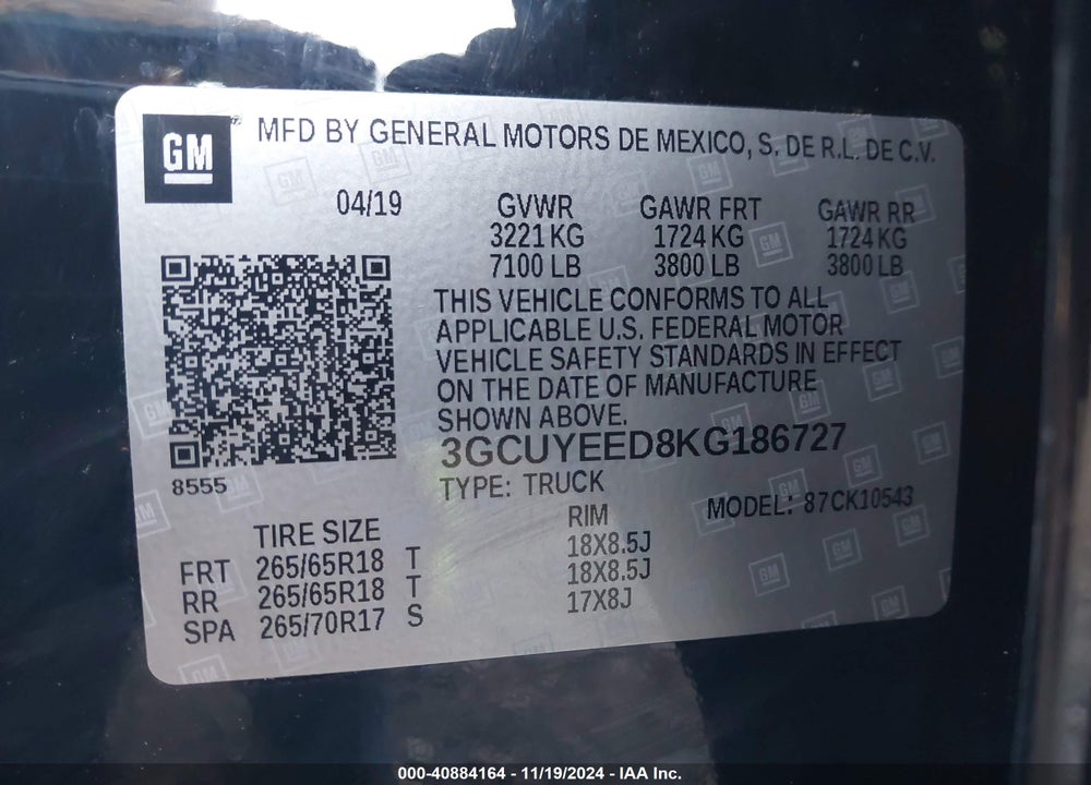 2019 CHEVROLET SILVERADO 1500 RST VIN: 3GCUYEED8KG186727