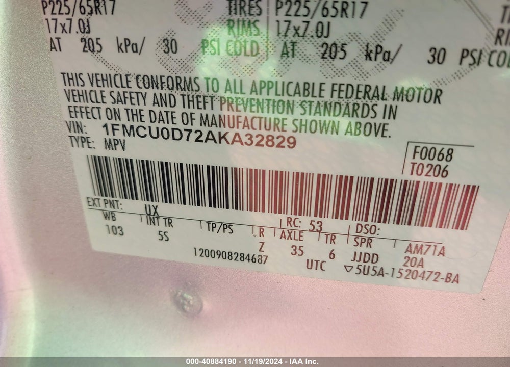 2010 FORD ESCAPE XLT VIN: 1FMCU0D72AKA32829