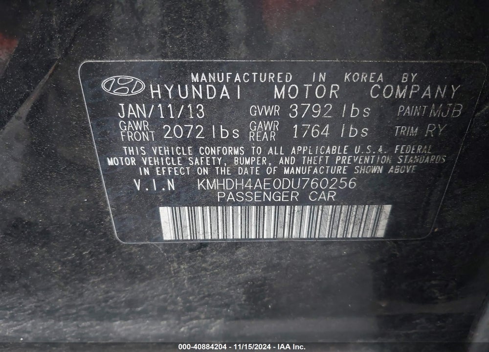 2013 HYUNDAI ELANTRA LIMITED VIN: KMHDH4AE0DU760256