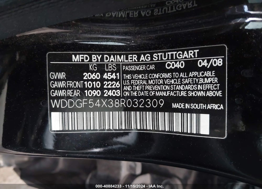 2008 MERCEDES-BENZ C 300 VIN: WDDGF54X38R032309