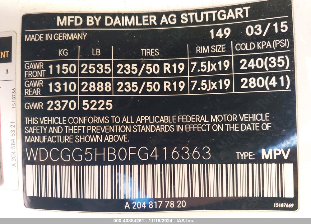 2015 MERCEDES-BENZ GLK 350 VIN: WDCGG5HB0FG416363