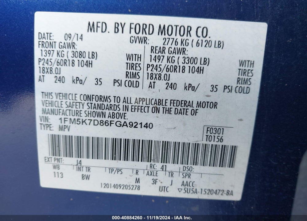 2015 FORD EXPLORER XLT VIN: 1FM5K7D86FGA92140