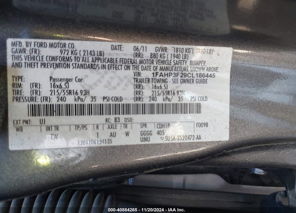 2012 FORD FOCUS SE VIN: 1FAHP3F29CL186445
