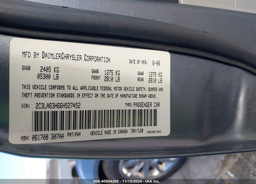 2006 CHRYSLER 300C VIN: 2C3LA63H66H527452