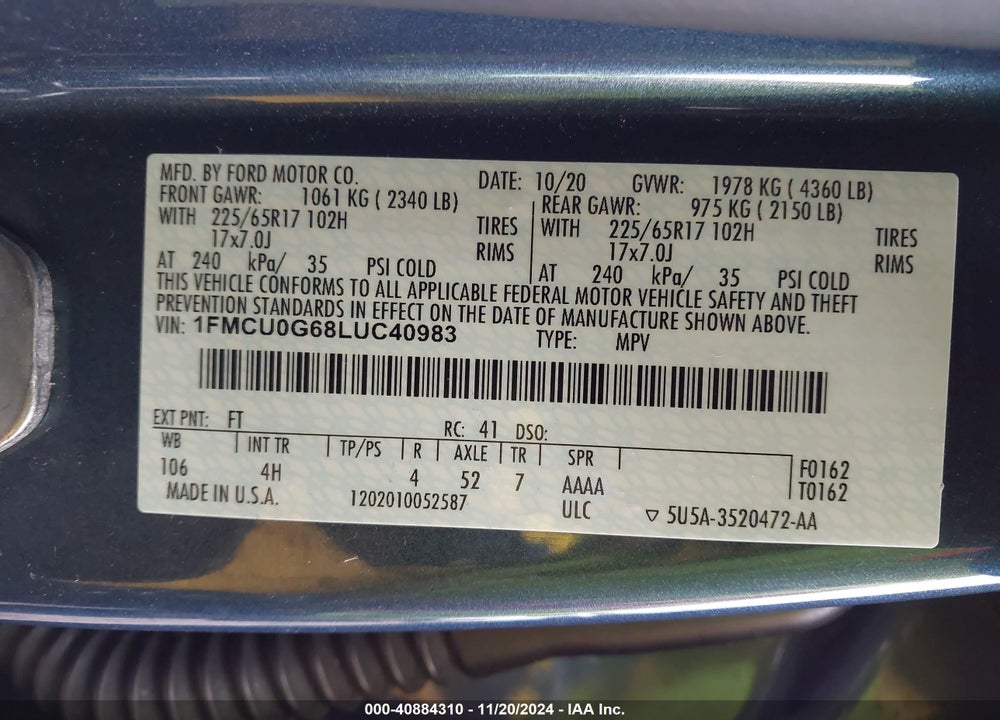 2020 FORD ESCAPE SE VIN: 1FMCU0G68LUC40983