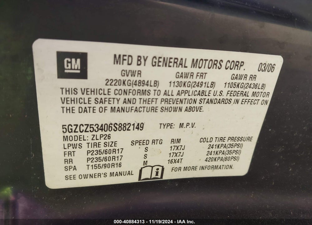 2006 SATURN VUE V6 VIN: 5GZCZ53406S882149