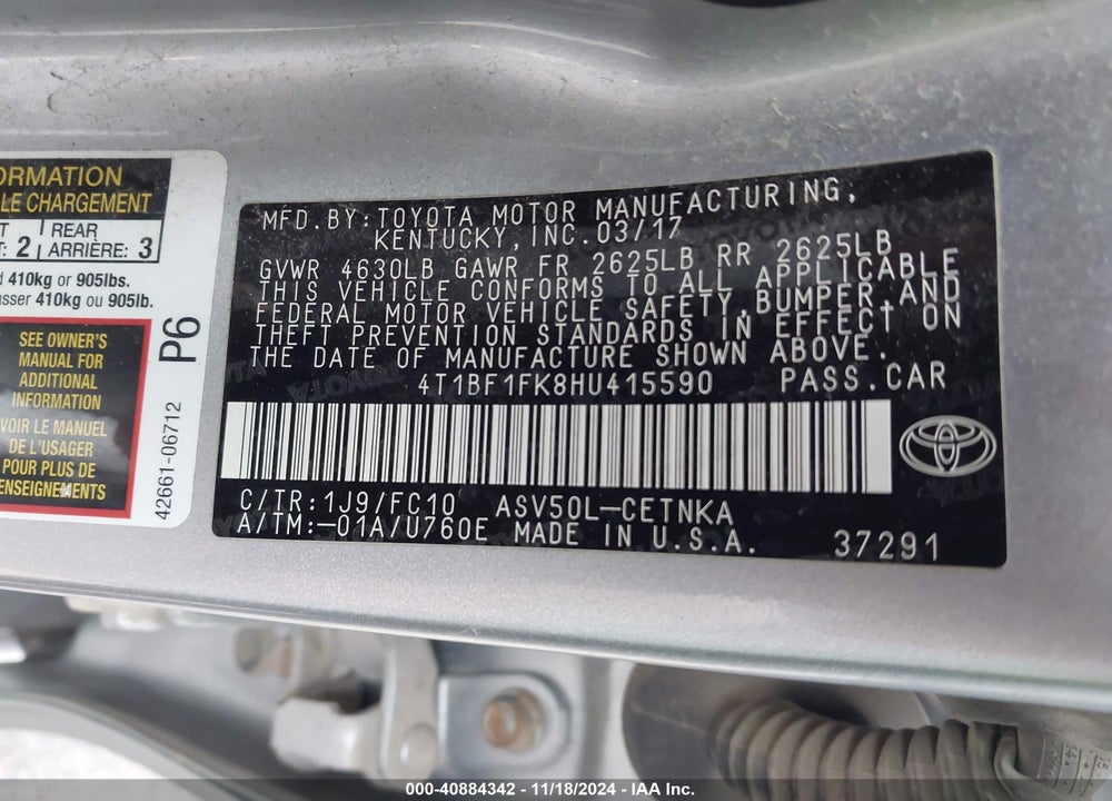 2017 TOYOTA CAMRY LE VIN: 4T1BF1FK8HU415590