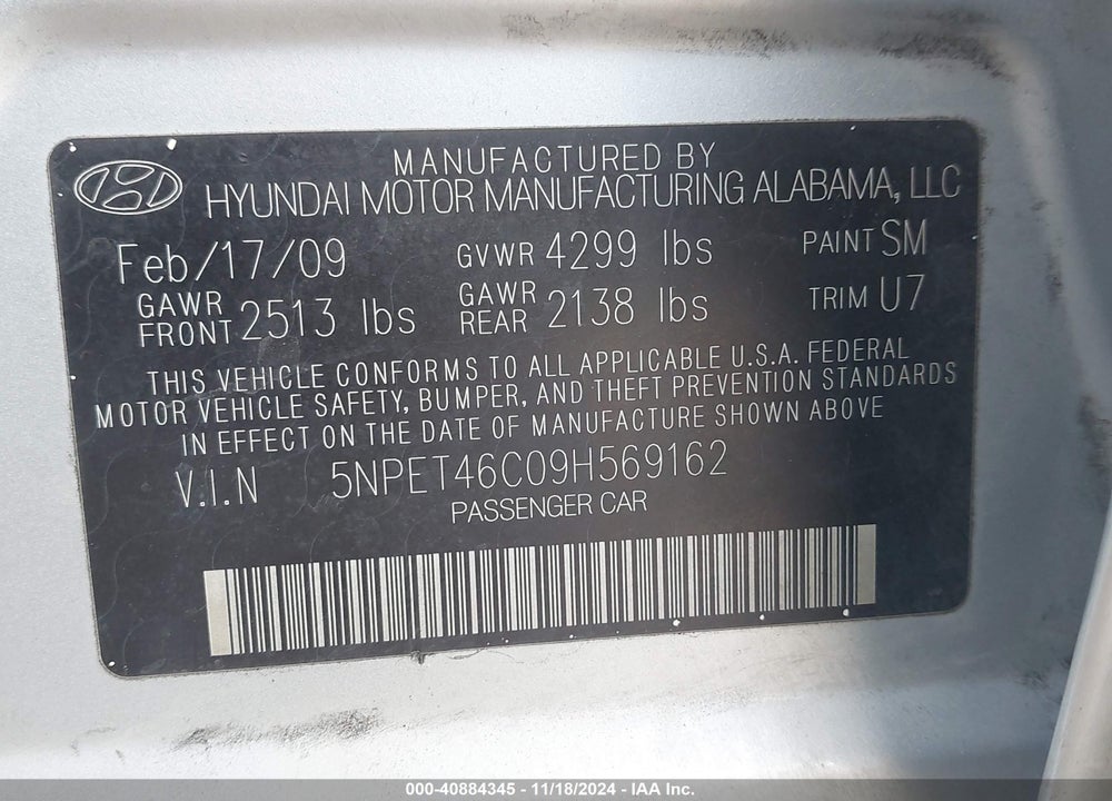 2009 HYUNDAI SONATA GLS VIN: 5NPET46C09H569162