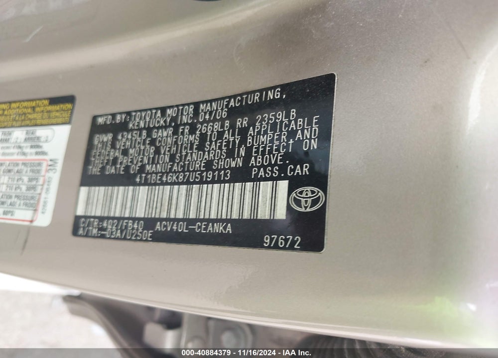 2007 TOYOTA CAMRY CE VIN: 4T1BE46K87U519113