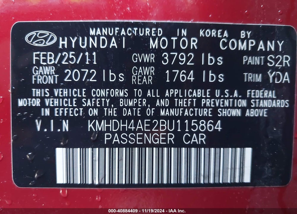 2011 HYUNDAI ELANTRA GLS (ULSAN PLANT) VIN: KMHDH4AE2BU115864
