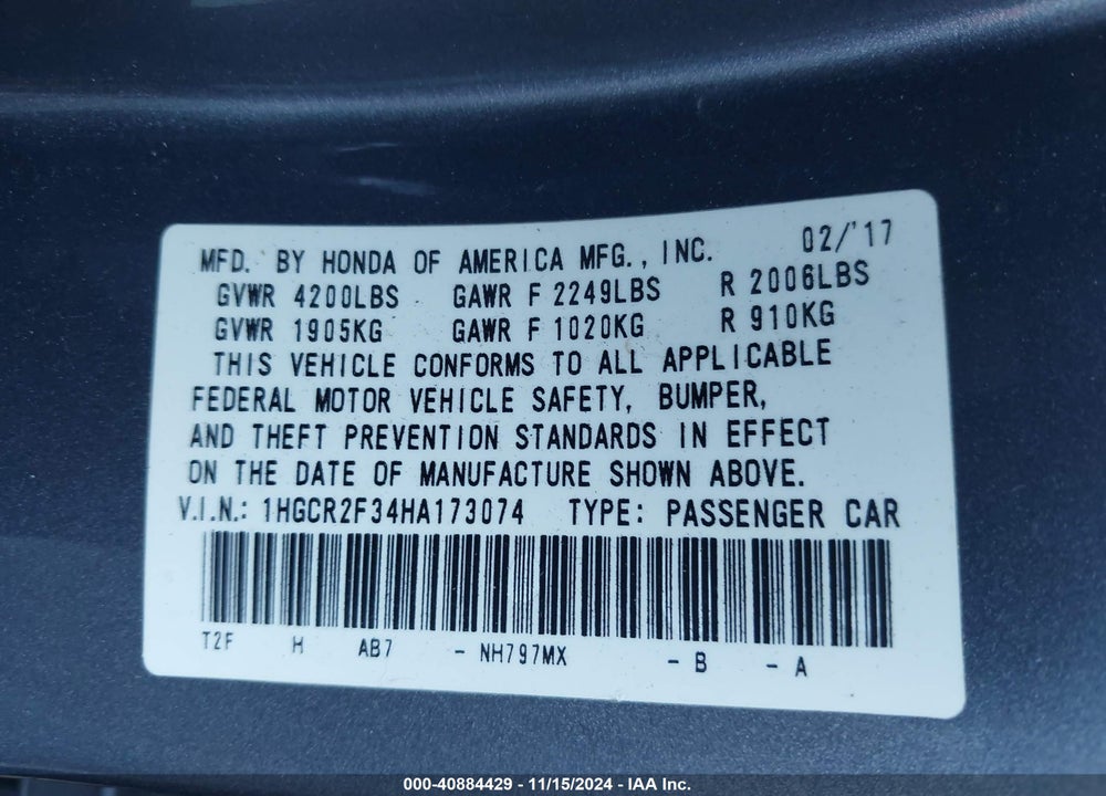 2017 HONDA ACCORD LX VIN: 1HGCR2F34HA173074