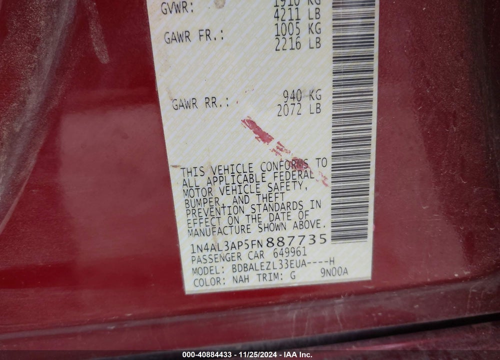 2015 NISSAN ALTIMA VIN: 1N4AL3AP5FN887735