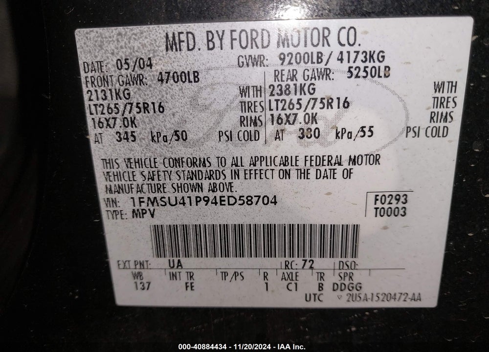 2004 FORD EXCURSION XLS/XLT VIN: 1FMSU41P94ED58704