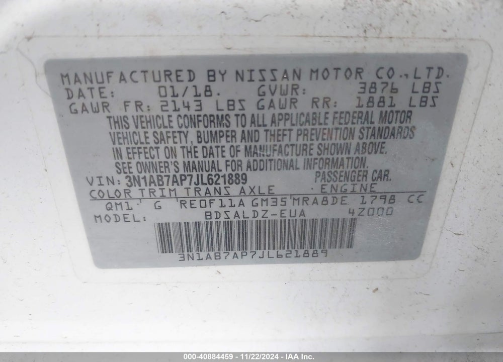 2018 NISSAN SENTRA SV VIN: 3N1AB7AP7JL621889