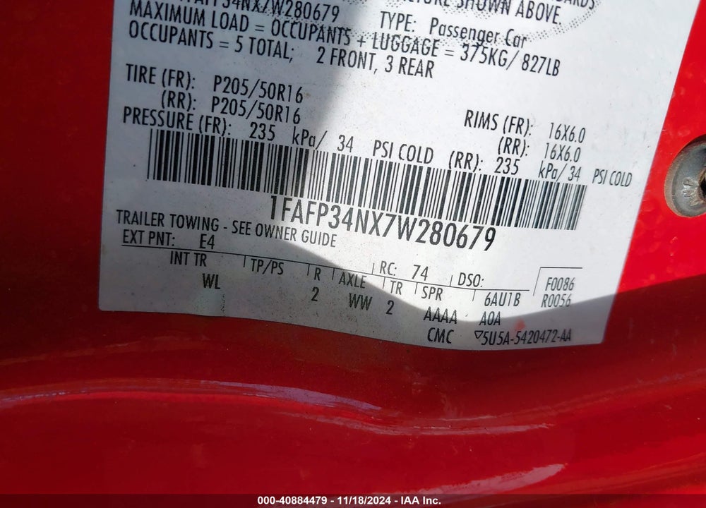 2007 FORD FOCUS S/SE/SES VIN: 1FAFP34NX7W280679