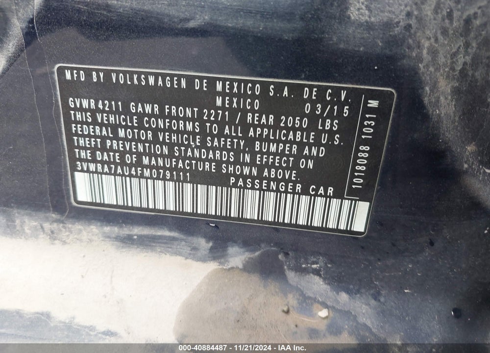 2015 VOLKSWAGEN GOLF TDI S 4-DOOR VIN: 3VWRA7AU4FM079111