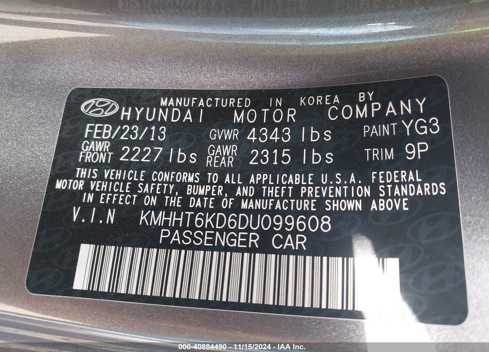 2013 HYUNDAI GENESIS VIN: KMHHT6KD6DU099608