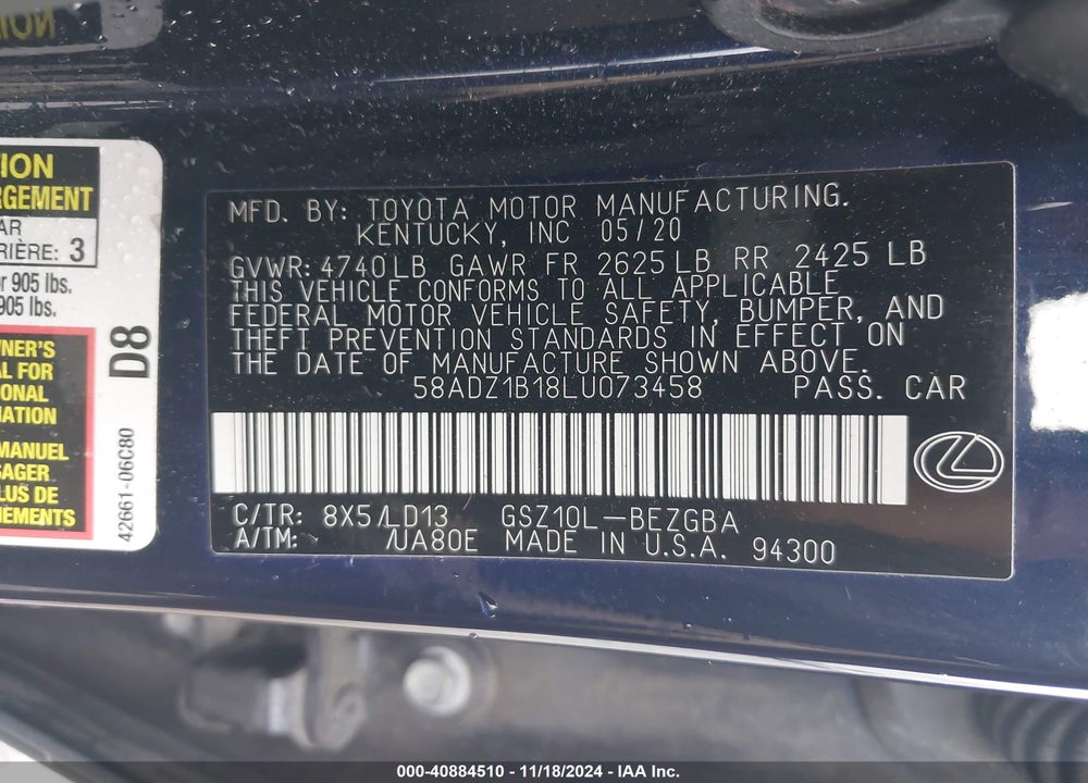 2020 LEXUS ES 350 VIN: 58ADZ1B18LU073458