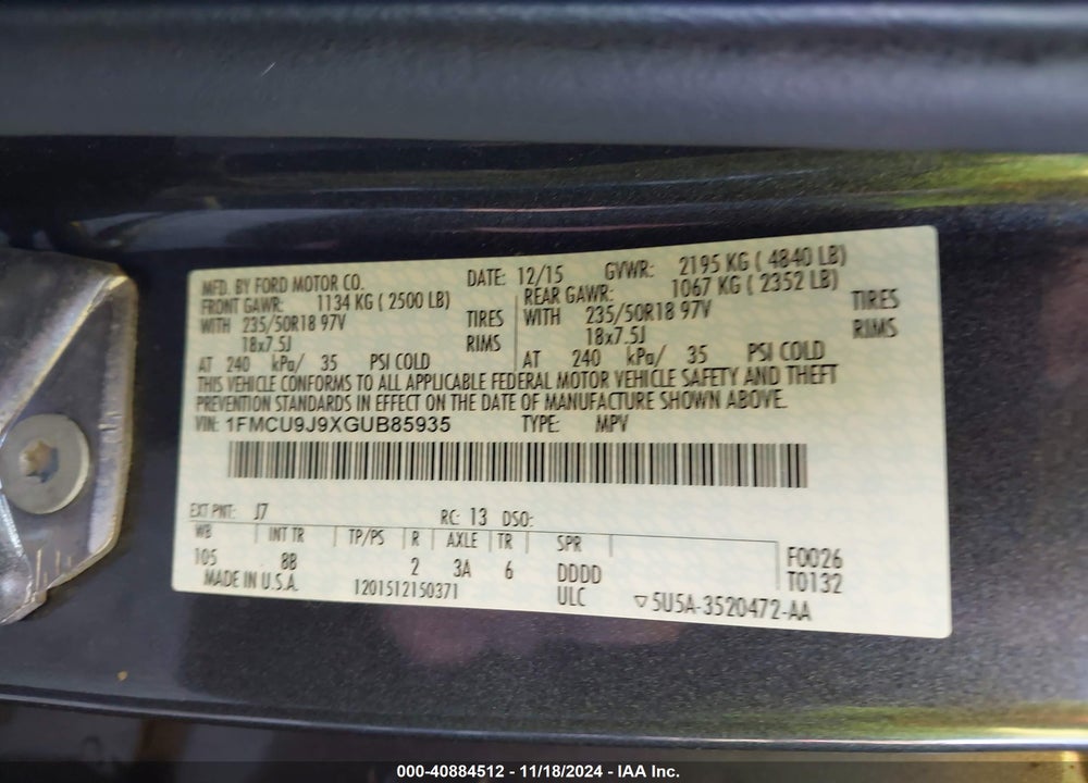 2016 FORD ESCAPE TITANIUM VIN: 1FMCU9J9XGUB85935