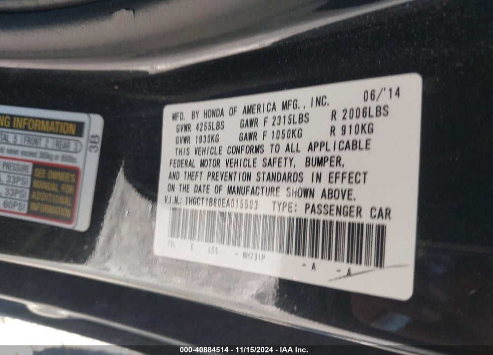 2014 HONDA ACCORD EX-L VIN: 1HGCT1B80EA015503