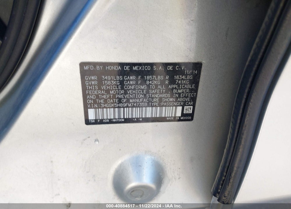 2015 HONDA FIT EX/EX-L VIN: 3HGGK5H89FM747359