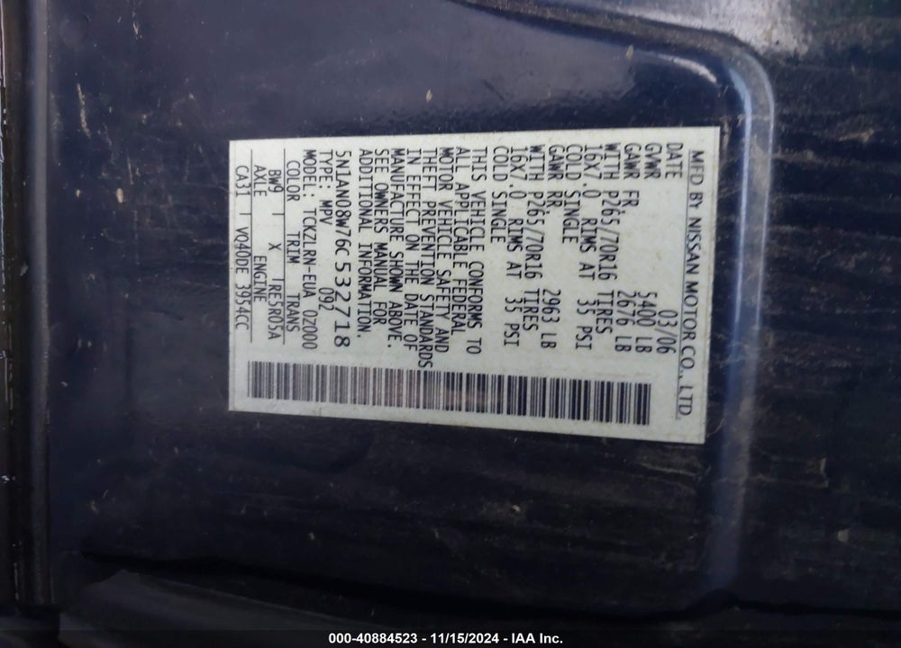 2006 NISSAN XTERRA S VIN: 5N1AN08W76C532718