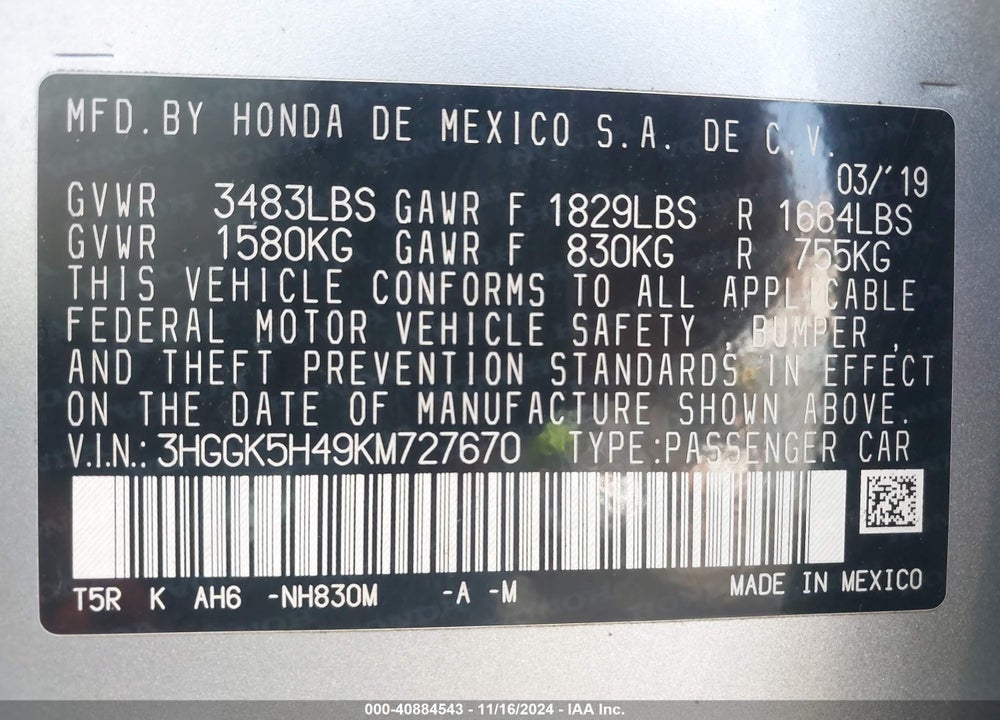 2019 HONDA FIT LX VIN: 3HGGK5H49KM727670