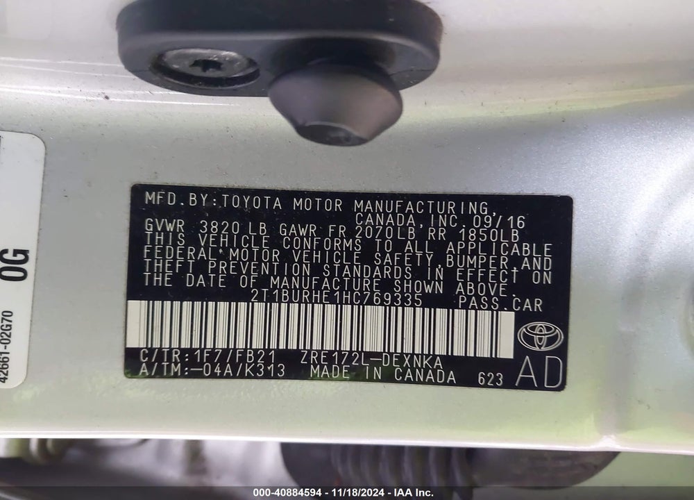 2017 TOYOTA COROLLA LE VIN: 2T1BURHE1HC769335