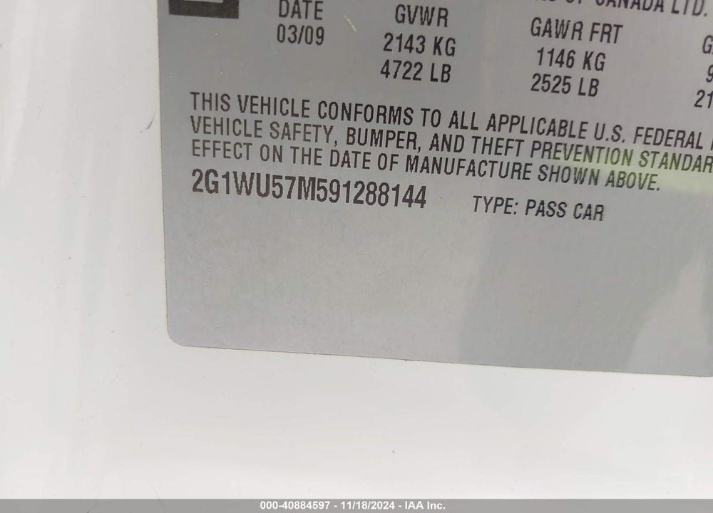 2009 CHEVROLET IMPALA LTZ VIN: 2G1WU57M591288144