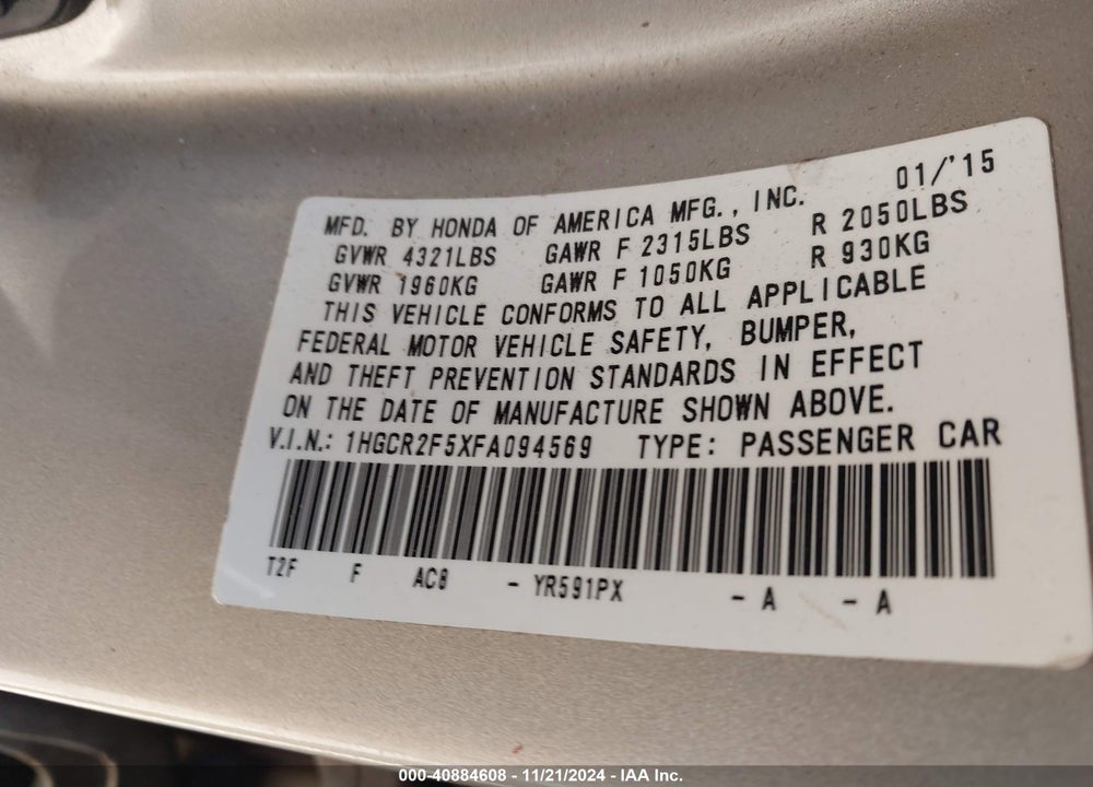 2015 HONDA ACCORD VIN: 1HGCR2F5XFA094569