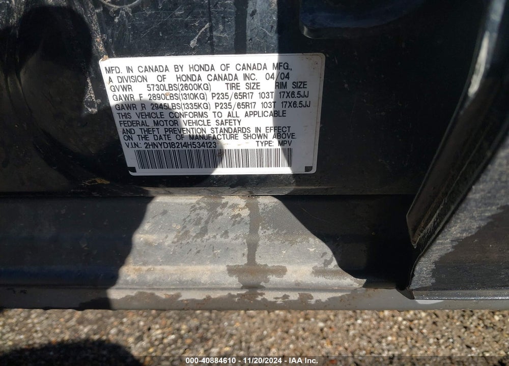 2004 ACURA MDX VIN: 2HNYD18214H534123