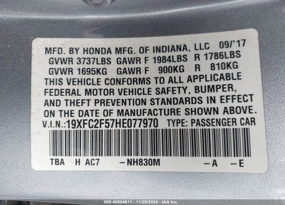 2017 HONDA CIVIC LX VIN: 19XFC2F57HE077970