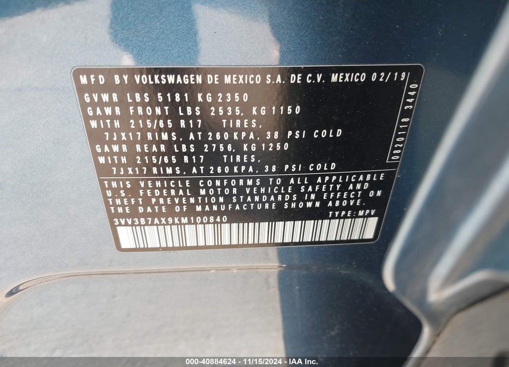 2019 VOLKSWAGEN TIGUAN 2.0T SE/2.0T SEL/2.0T SEL R-LINE/2.0T SEL R-LINE BLACK VIN: 3VV3B7AX9KM100840
