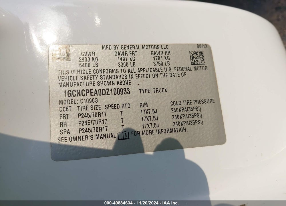 2013 CHEVROLET SILVERADO 1500 WORK TRUCK VIN: 1GCNCPEA0DZ100933