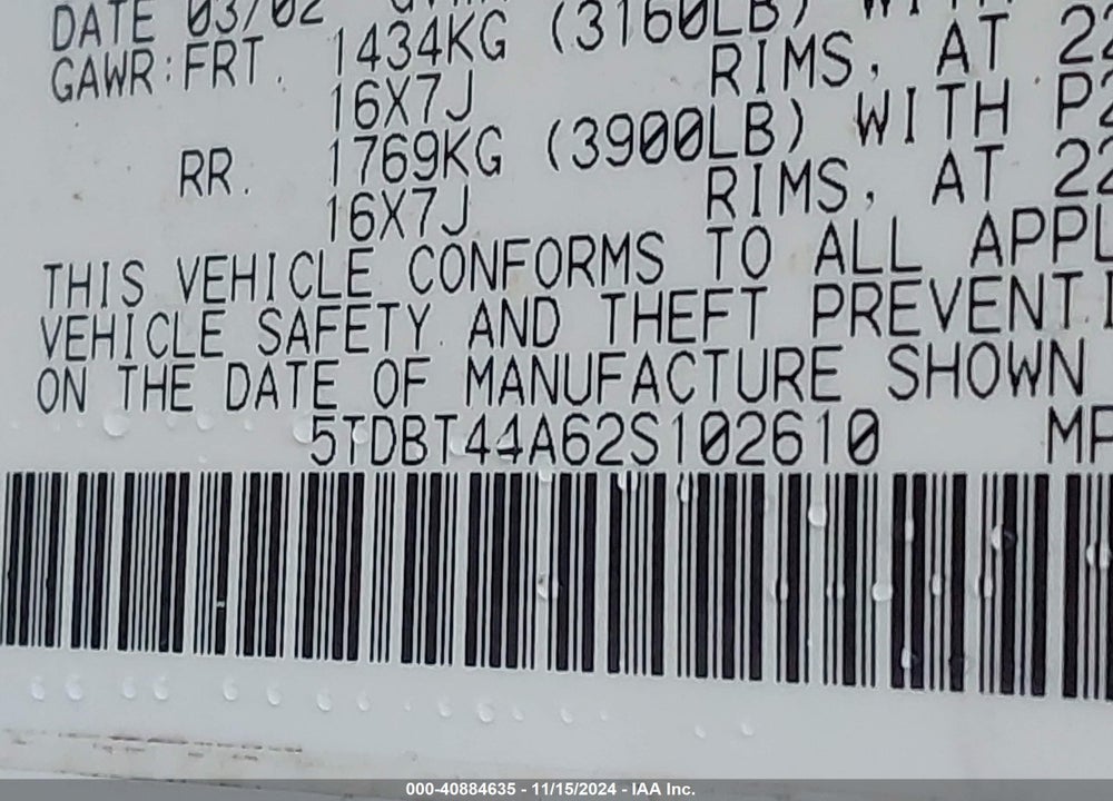 2002 TOYOTA SEQUOIA SR5 V8 VIN: 5TDBT44A62S102610