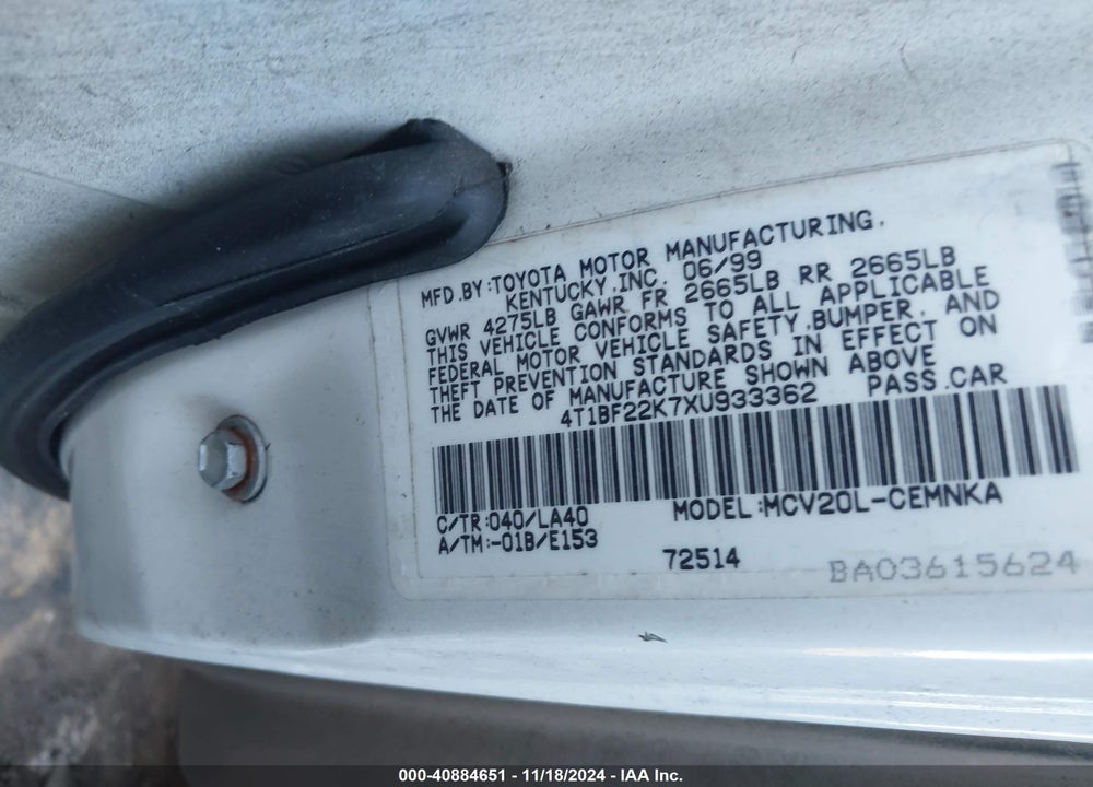 1999 TOYOTA CAMRY LE V6 VIN: 4T1BF22K7XU933362