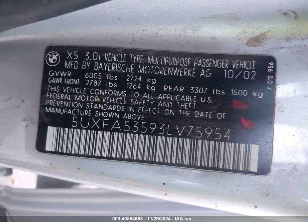 2003 BMW X5 3.0I VIN: 5UXFA53593LV75954