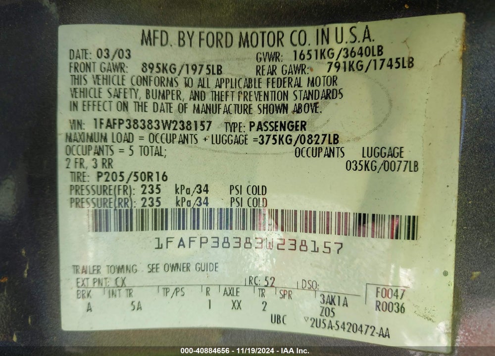 2003 FORD FOCUS ZTS VIN: 1FAFP38383W238157